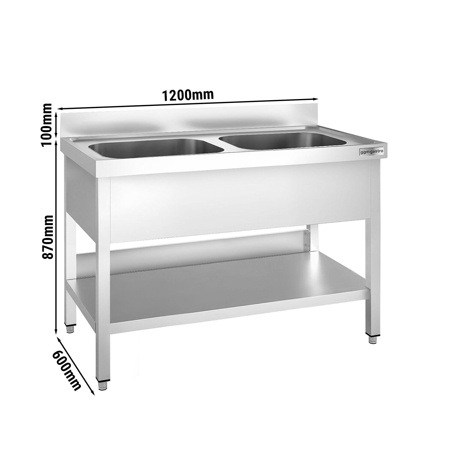 Valamulaud PREMIUM 1200x600 mm – riiuliga, 2 valamut keskel, tagaservaga