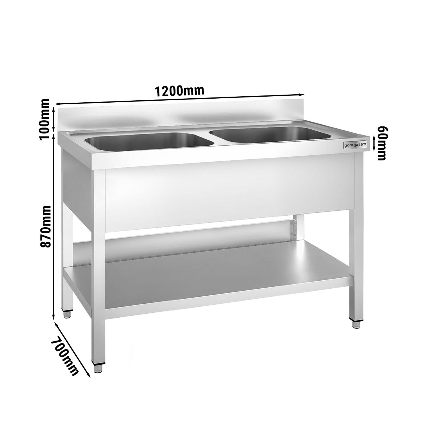 Valamulaud PREMIUM 1200x700 mm – riiuliga, 2 valamut keskel, tagaservaga