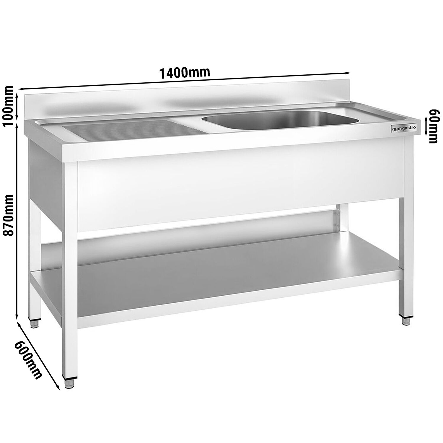 Valamulaud PREMIUM 1400x600 mm – riiuliga, 1 valamu paremal