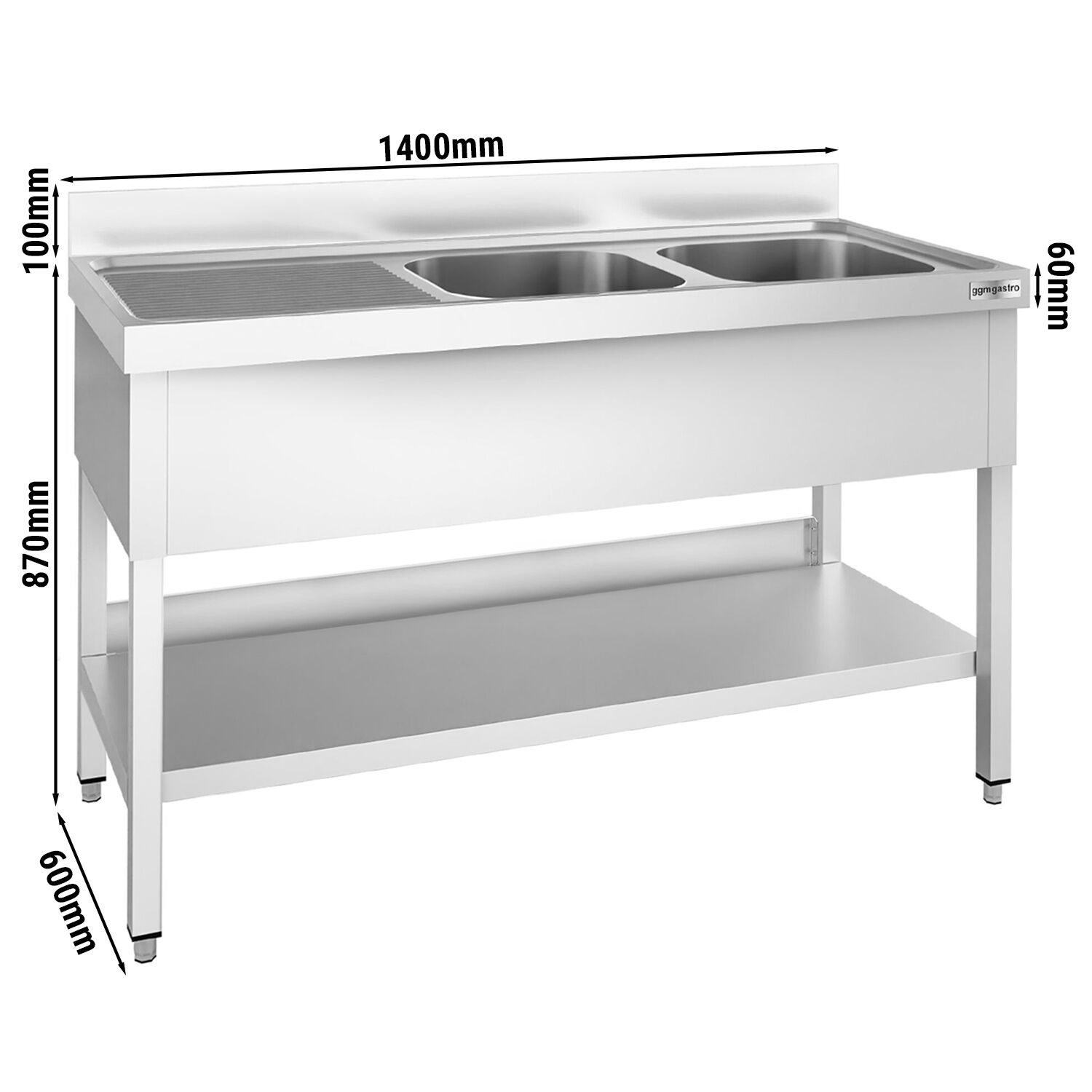 Valamulaud PREMIUM 1400x600 mm – riiuliga, 2 valamut paremal, tagaservaga