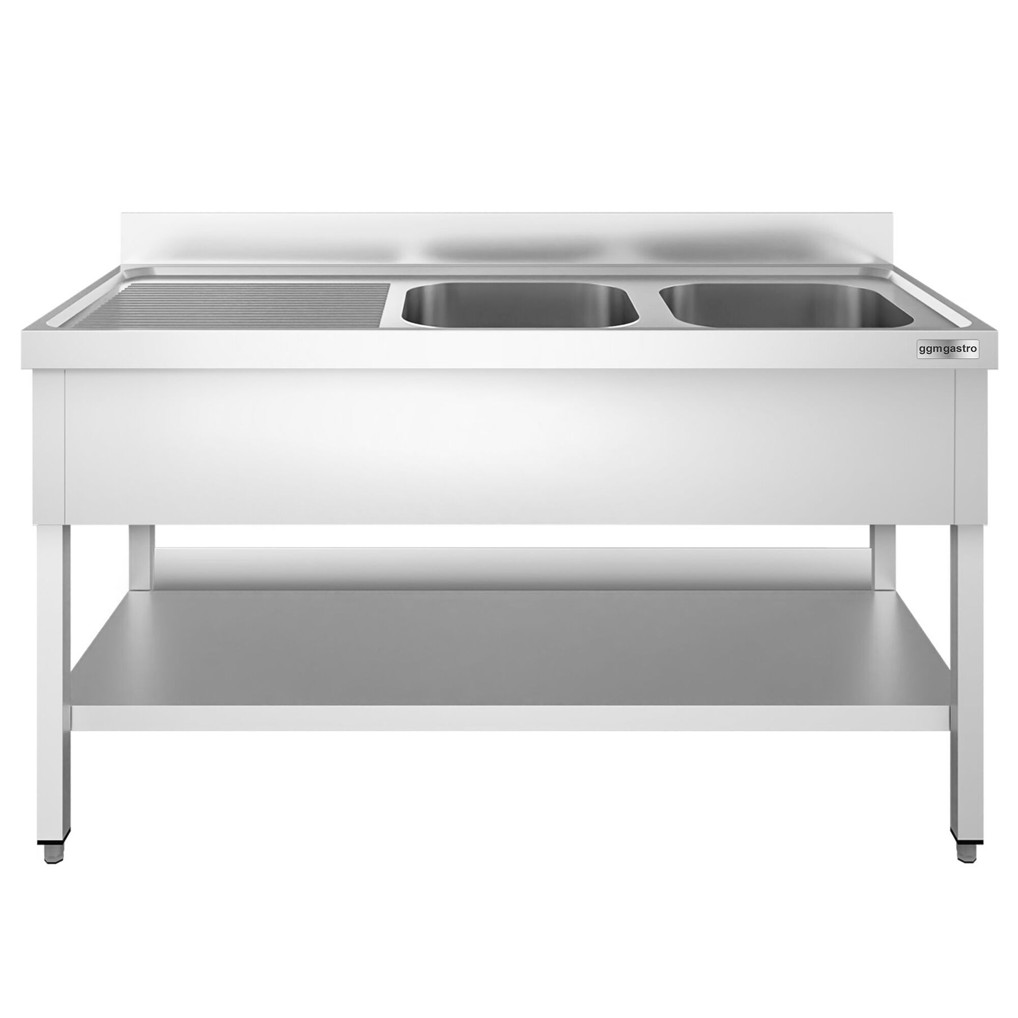 Valamulaud PREMIUM 1400x600 mm – riiuliga, 2 valamut paremal, tagaservaga