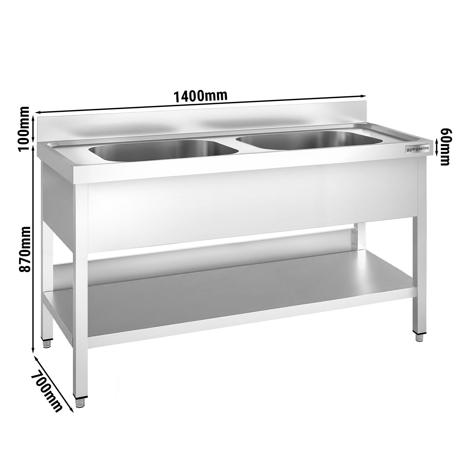Valamulaud PREMIUM 1400x700 mm – riiuliga, 2 valamut keskel, tagaservaga