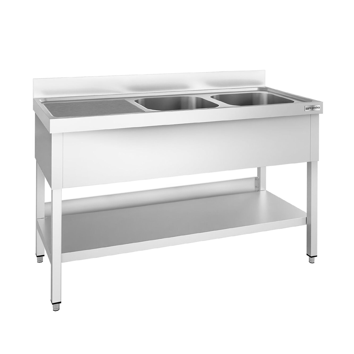 Valamulaud PREMIUM 1400x700 mm – riiuliga, 2 valamut paremal, tagaservaga