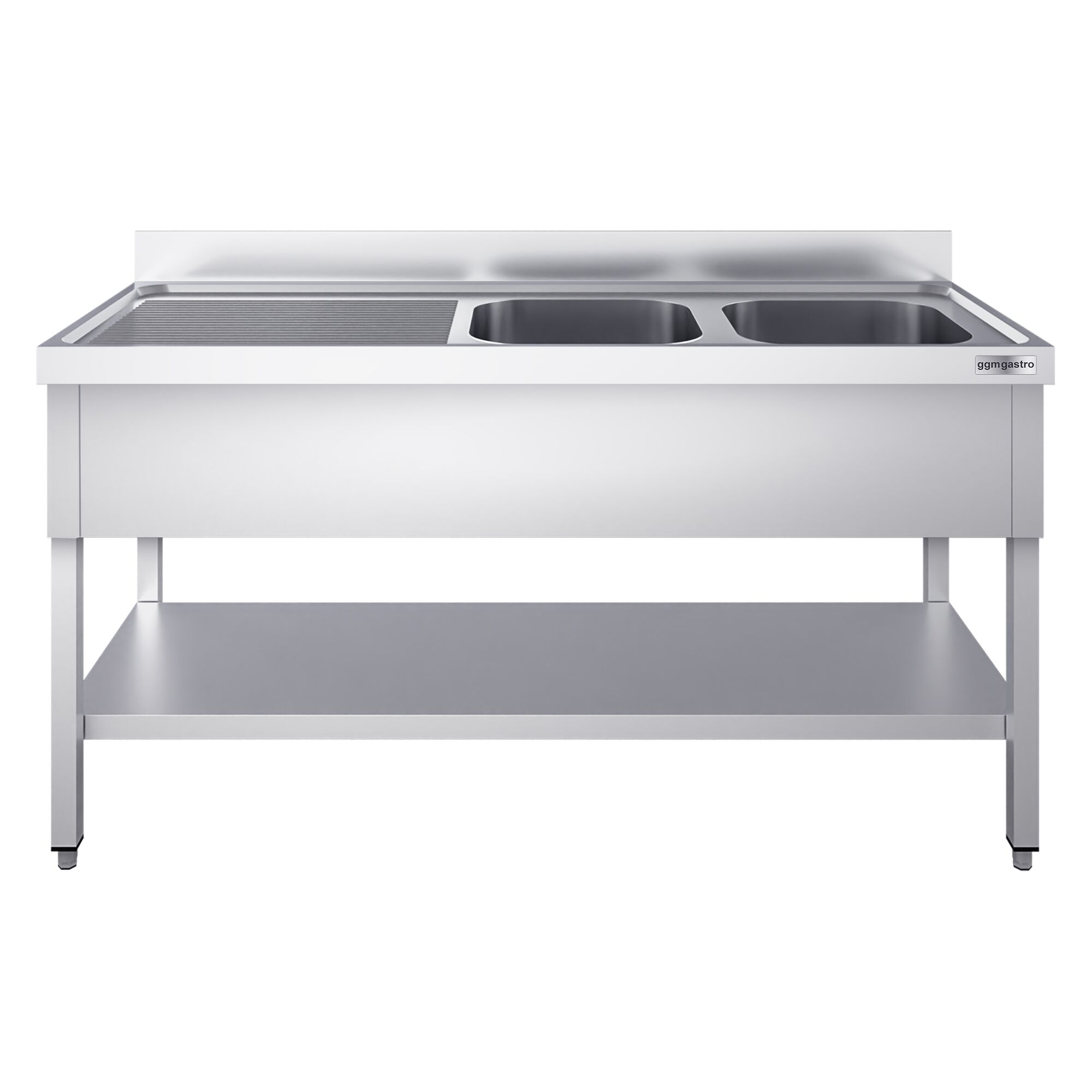 Valamulaud PREMIUM 1400x700 mm – riiuliga, 2 valamut paremal, tagaservaga
