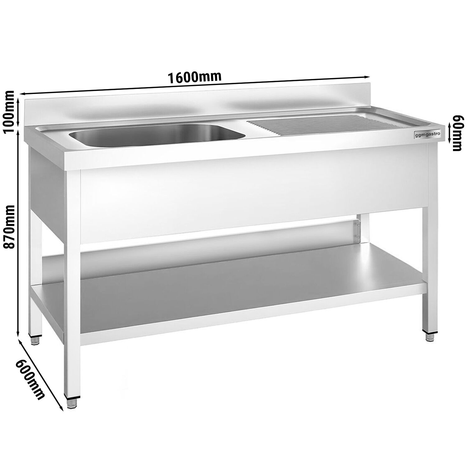 Valamulaud PREMIUM 1600x600 mm – riiuliga, 1 valamu vasakul