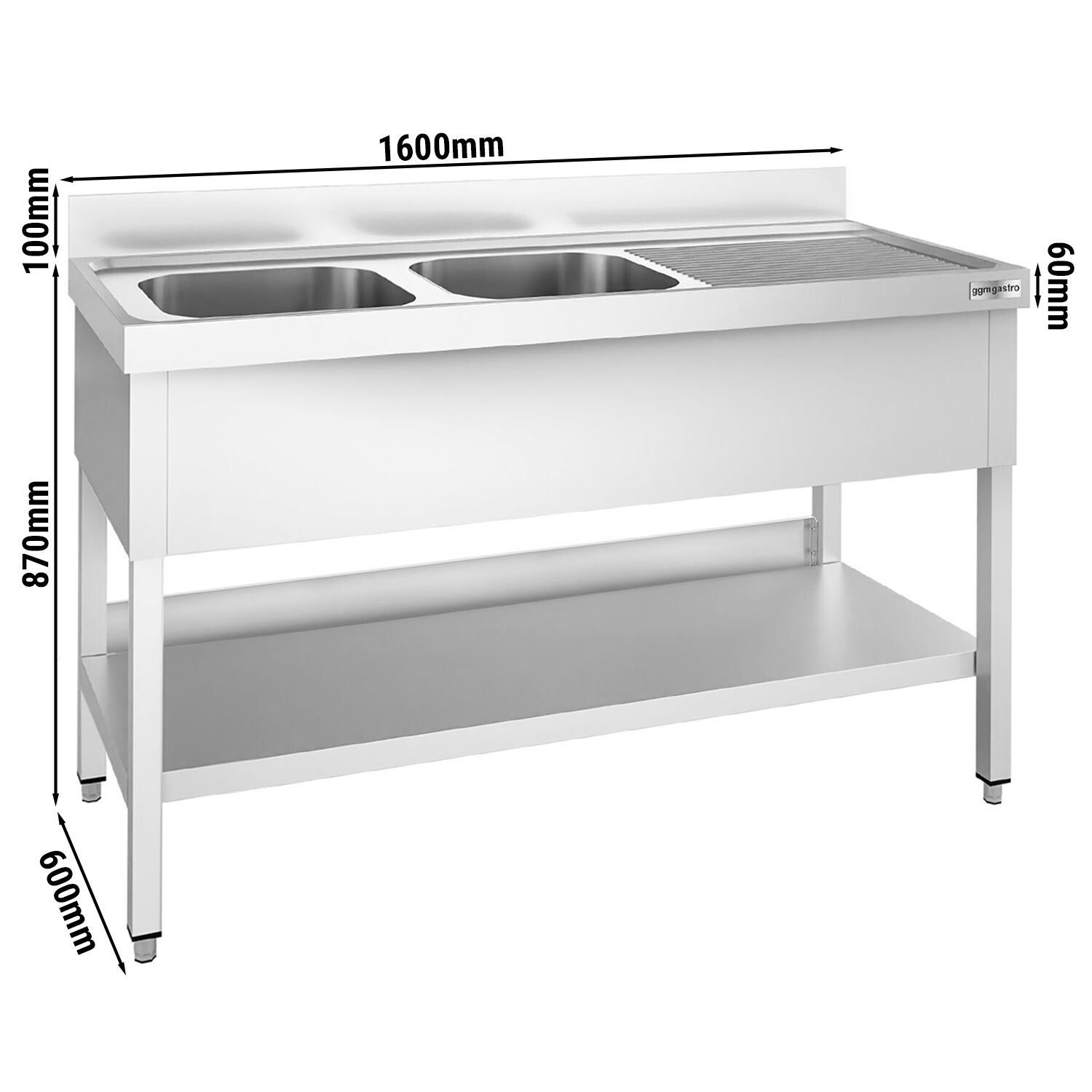 Valamulaud PREMIUM 1600x600 mm – riiuliga, 2 valamut vasakul