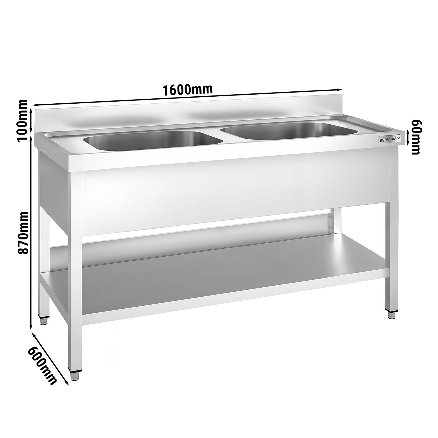 Valamulaud PREMIUM 1600x600 mm – riiuliga, 2 valamut keskel, tagaservaga
