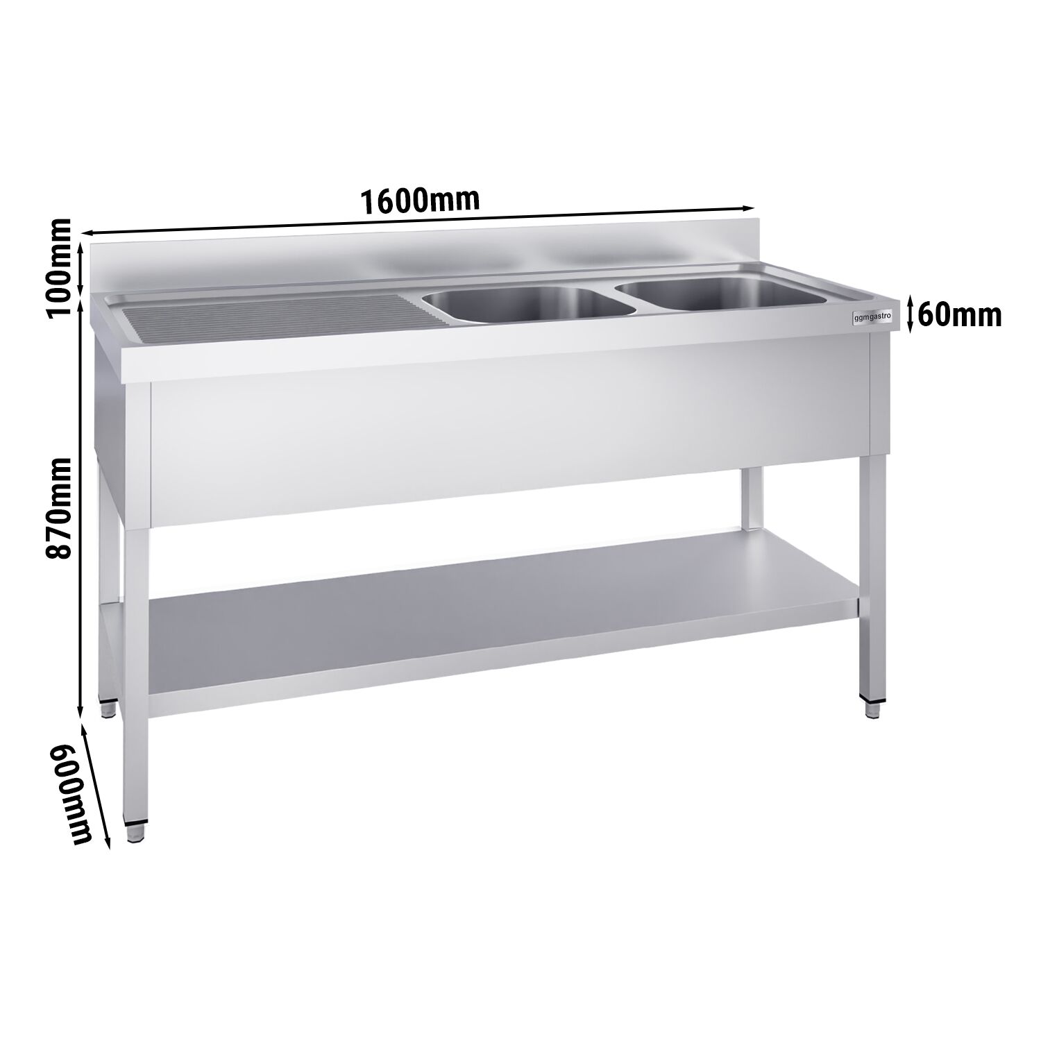 Valamulaud PREMIUM 1600x600 mm – riiuliga, 2 valamut paremal