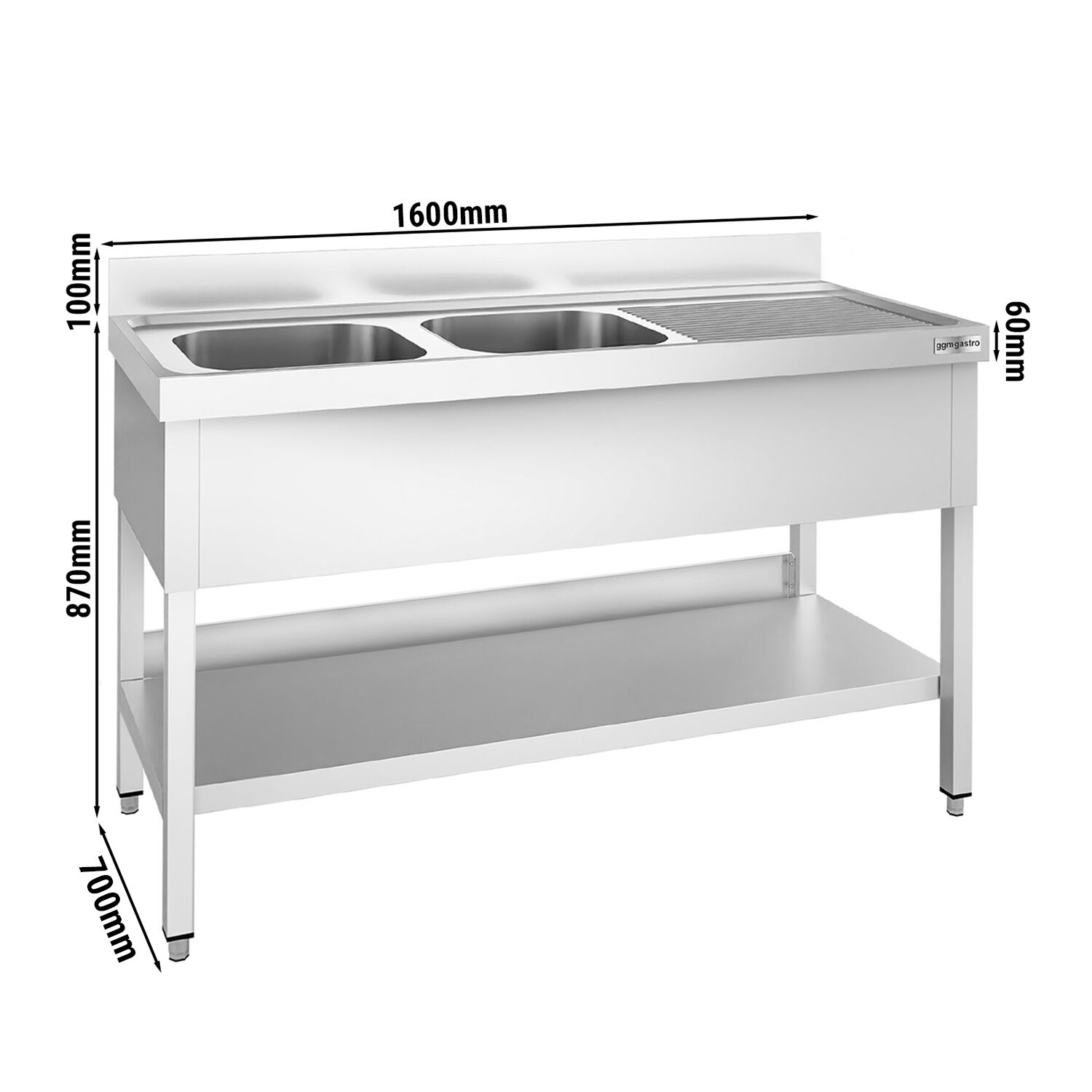 Valamulaud PREMIUM 1600x700 mm – riiuliga, 2 valamut vasakul, tagaservaga