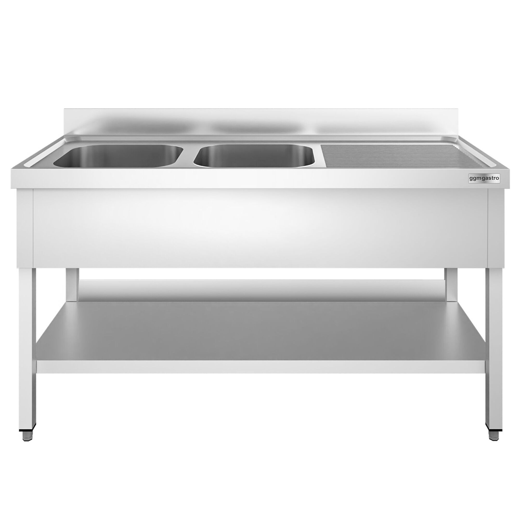 Valamulaud PREMIUM 1600x700 mm – riiuliga, 2 valamut vasakul, tagaservaga