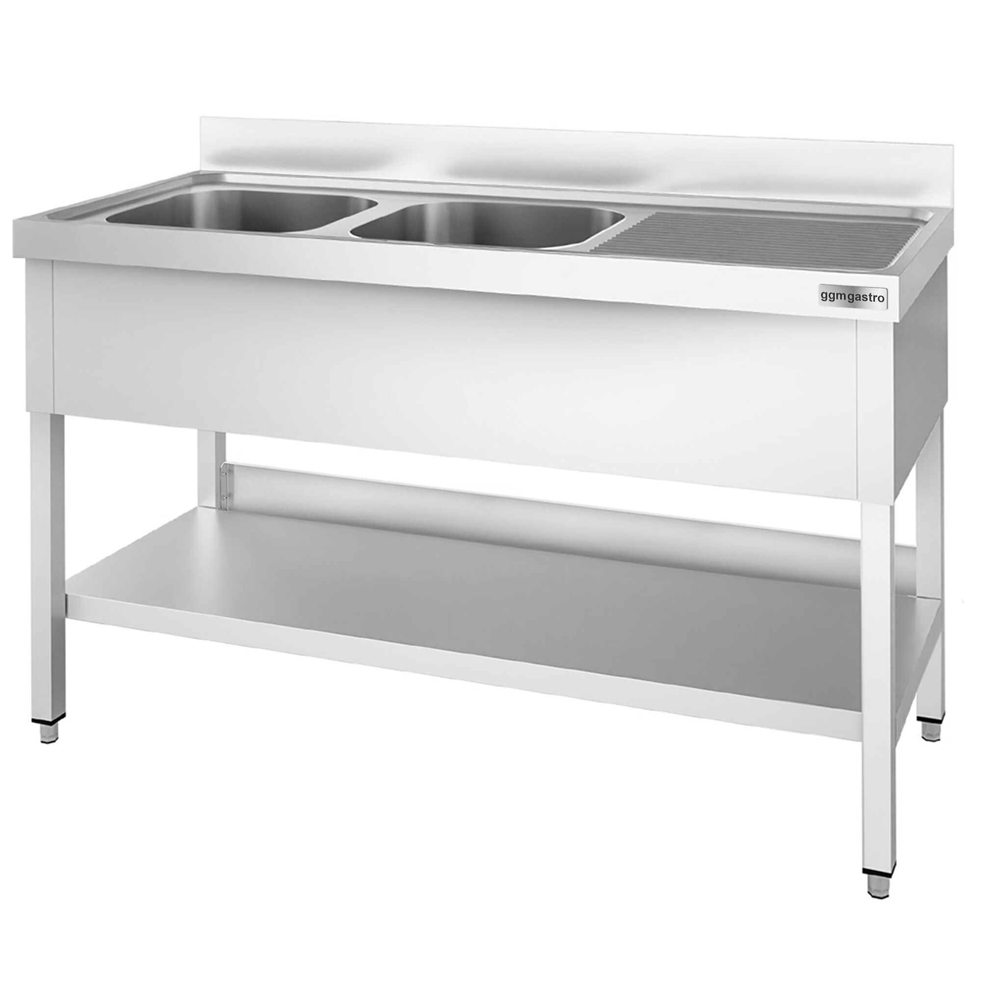Valamulaud PREMIUM 1600x700 mm – riiuliga, 2 valamut vasakul, tagaservaga