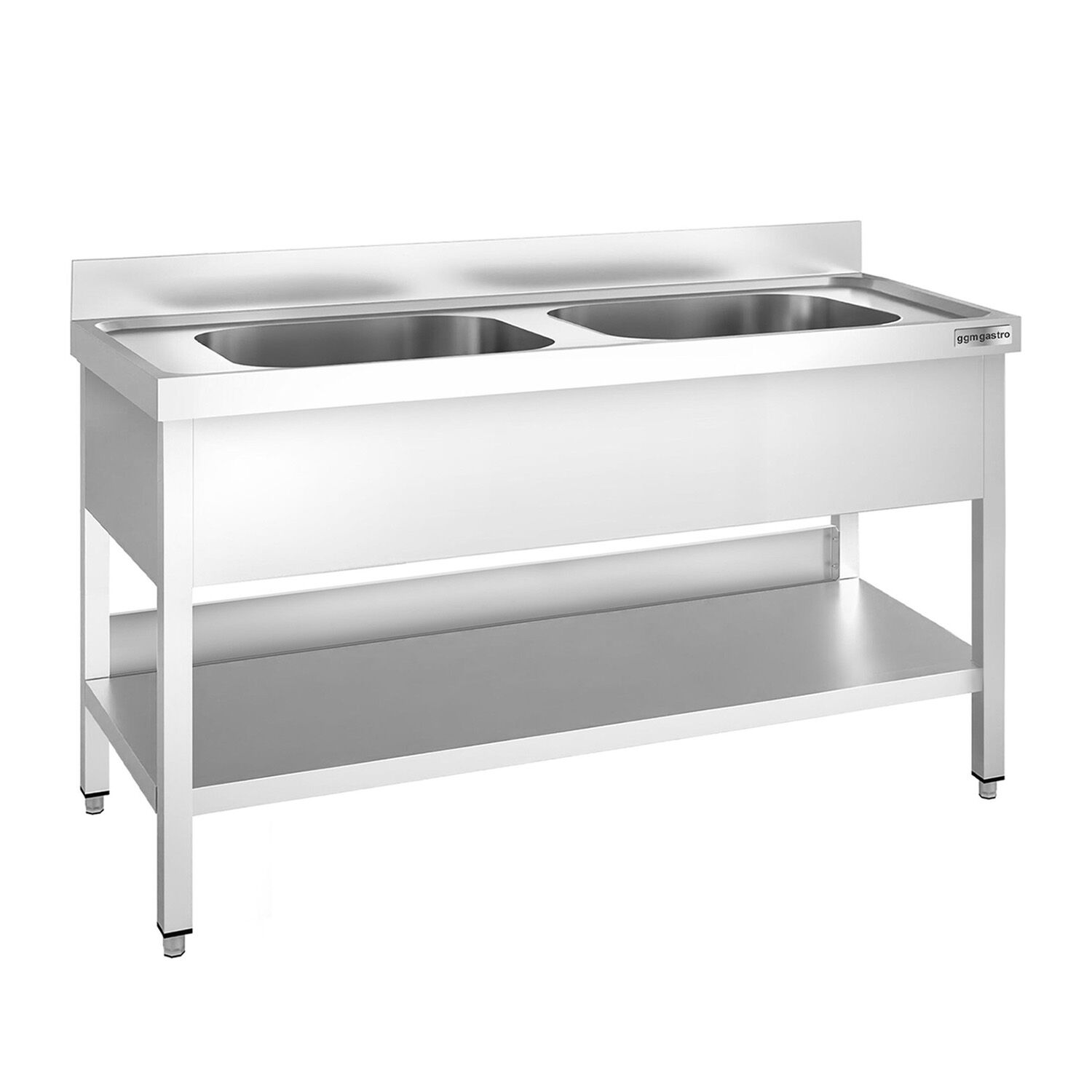 Valamulaud PREMIUM 1600x700 mm – riiuliga, 2 valamut keskel, tagaservaga
