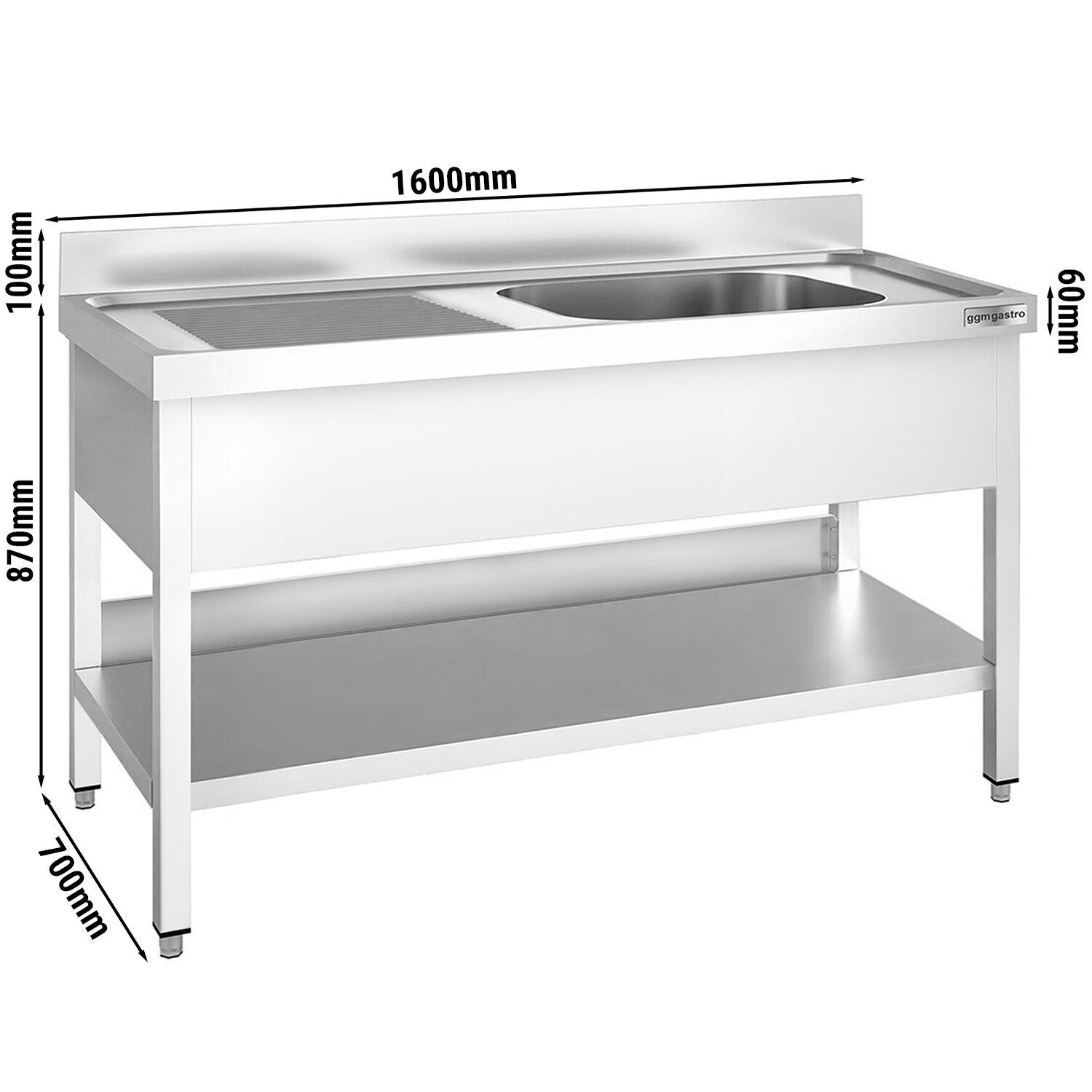 Valamulaud PREMIUM 1600x700 mm – riiuliga, 1 valamu paremal