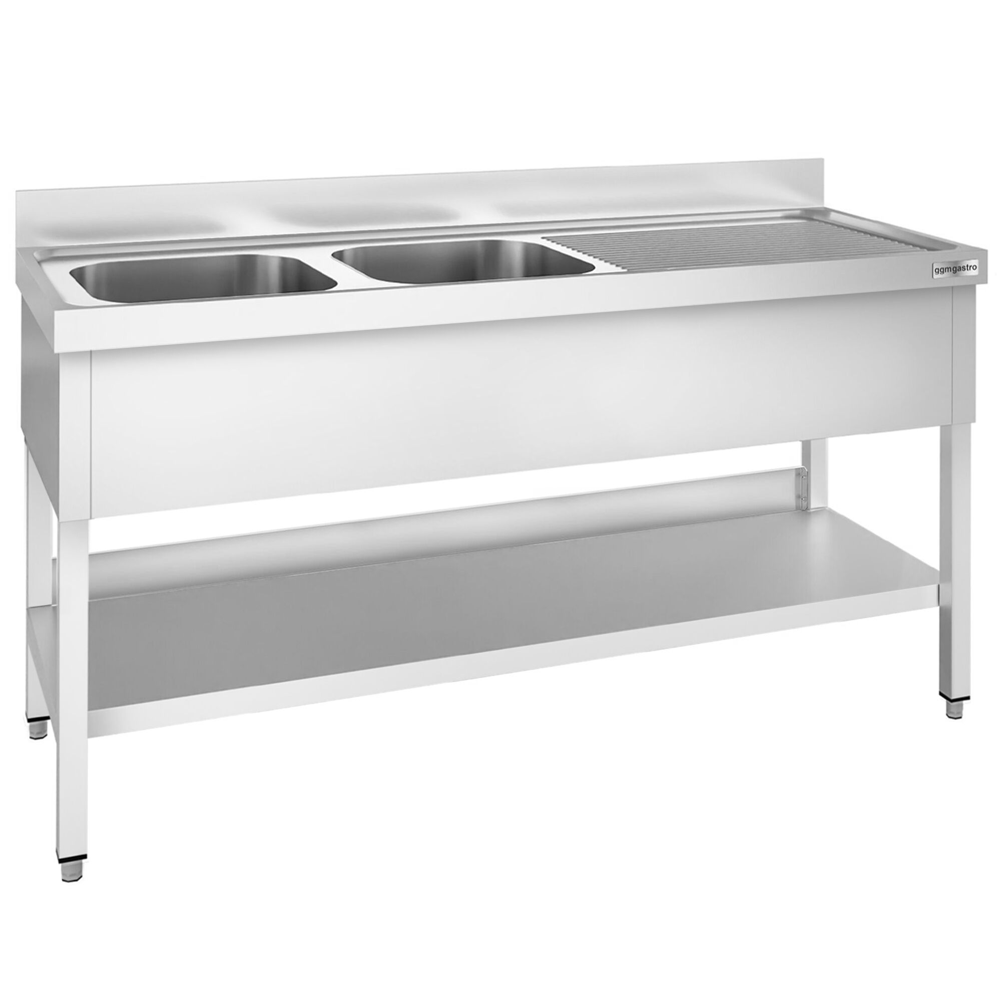 Valamulaud PREMIUM 1800x600 mm – riiuliga, 2 valamut vasakul, tagaservaga