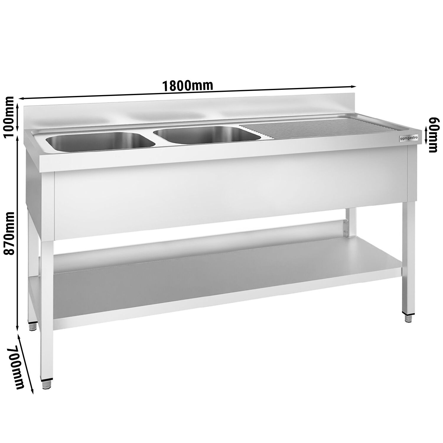 Valamulaud PREMIUM 1800x700 mm – riiuliga, 2 valamut vasakul, tagaservaga