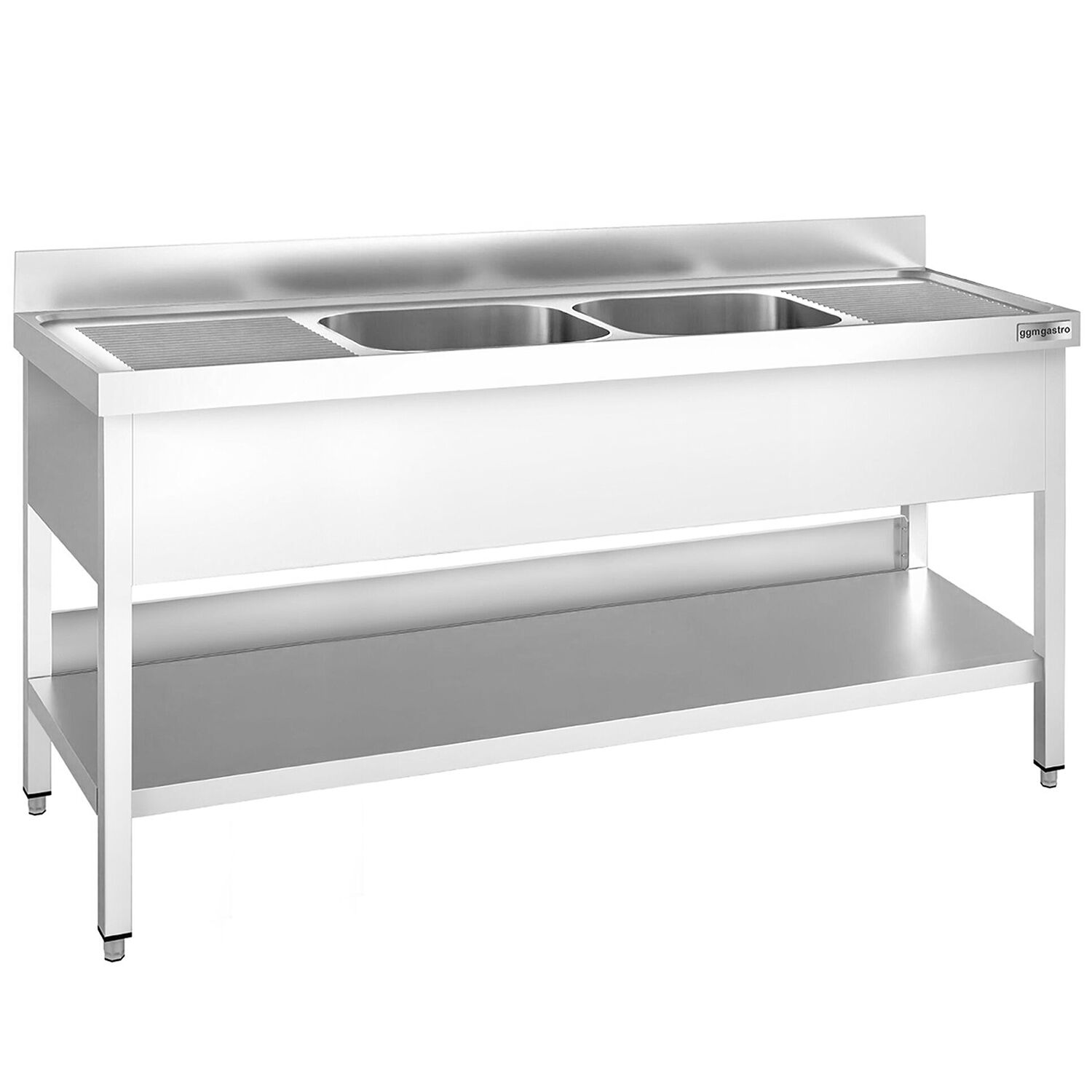 Valamulaud PREMIUM 1800x700 mm – riiuliga, 2 valamut keskel, tagaservaga
