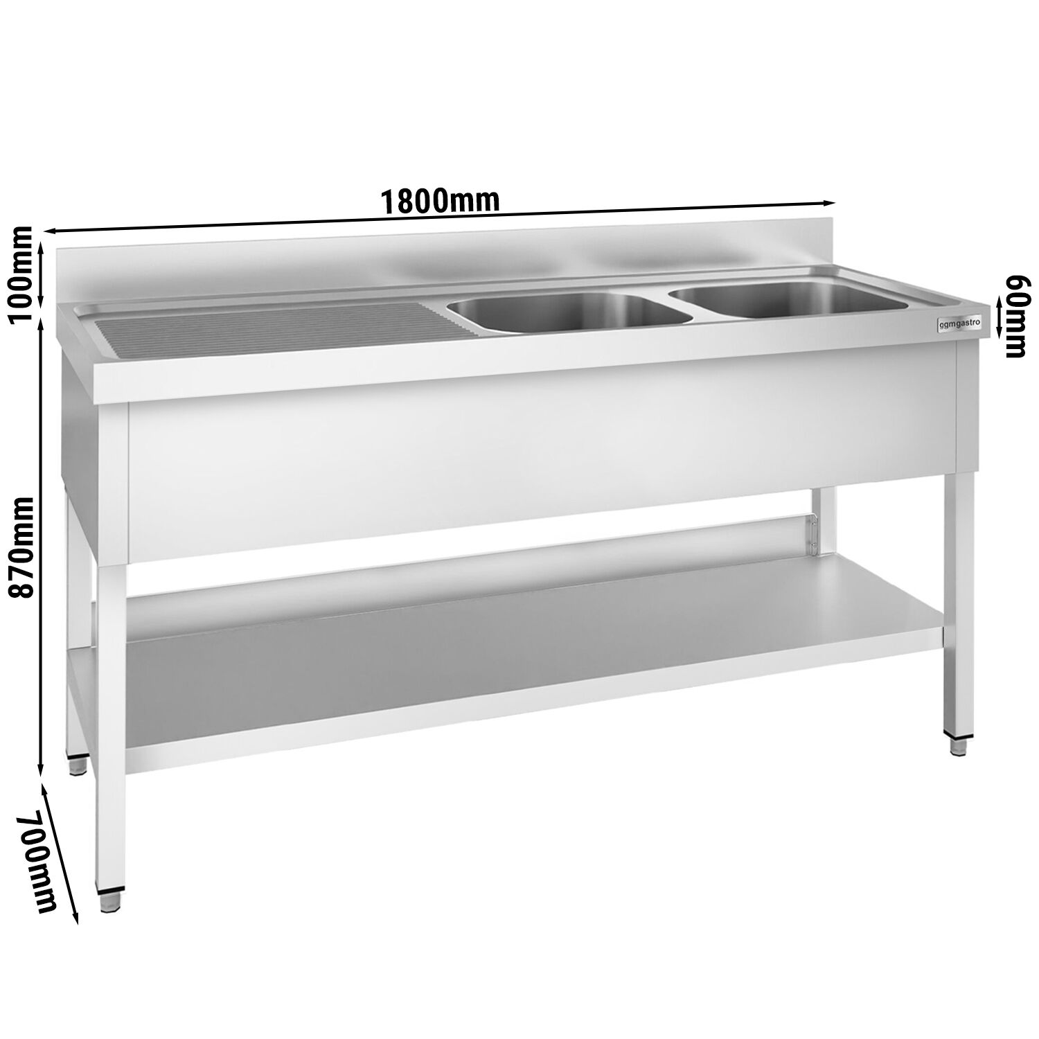 Valamulaud PREMIUM 1800x700 mm – riiuliga, 2 valamut paremal, tagaservaga