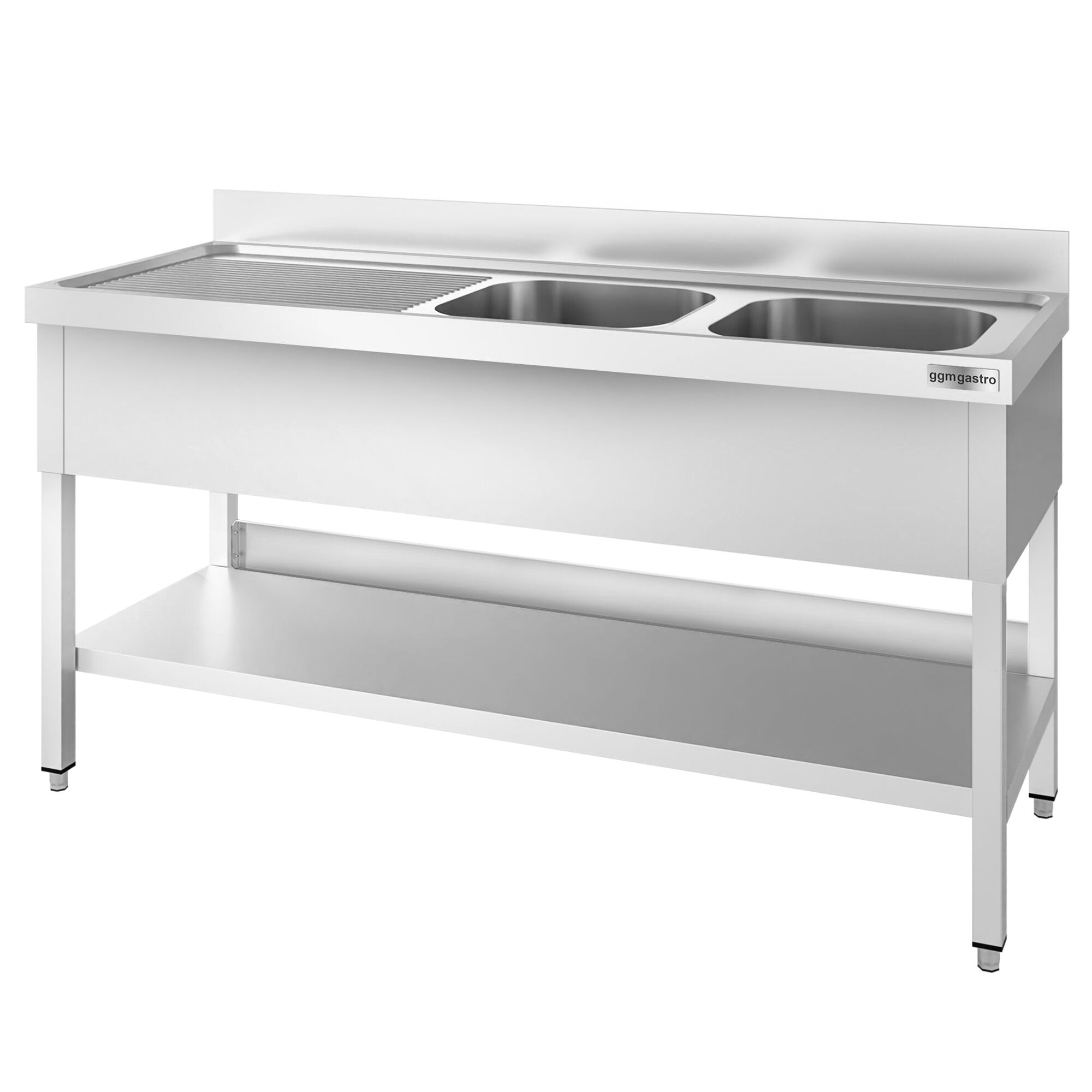 Valamulaud PREMIUM 1800x700 mm – riiuliga, 2 valamut paremal, tagaservaga