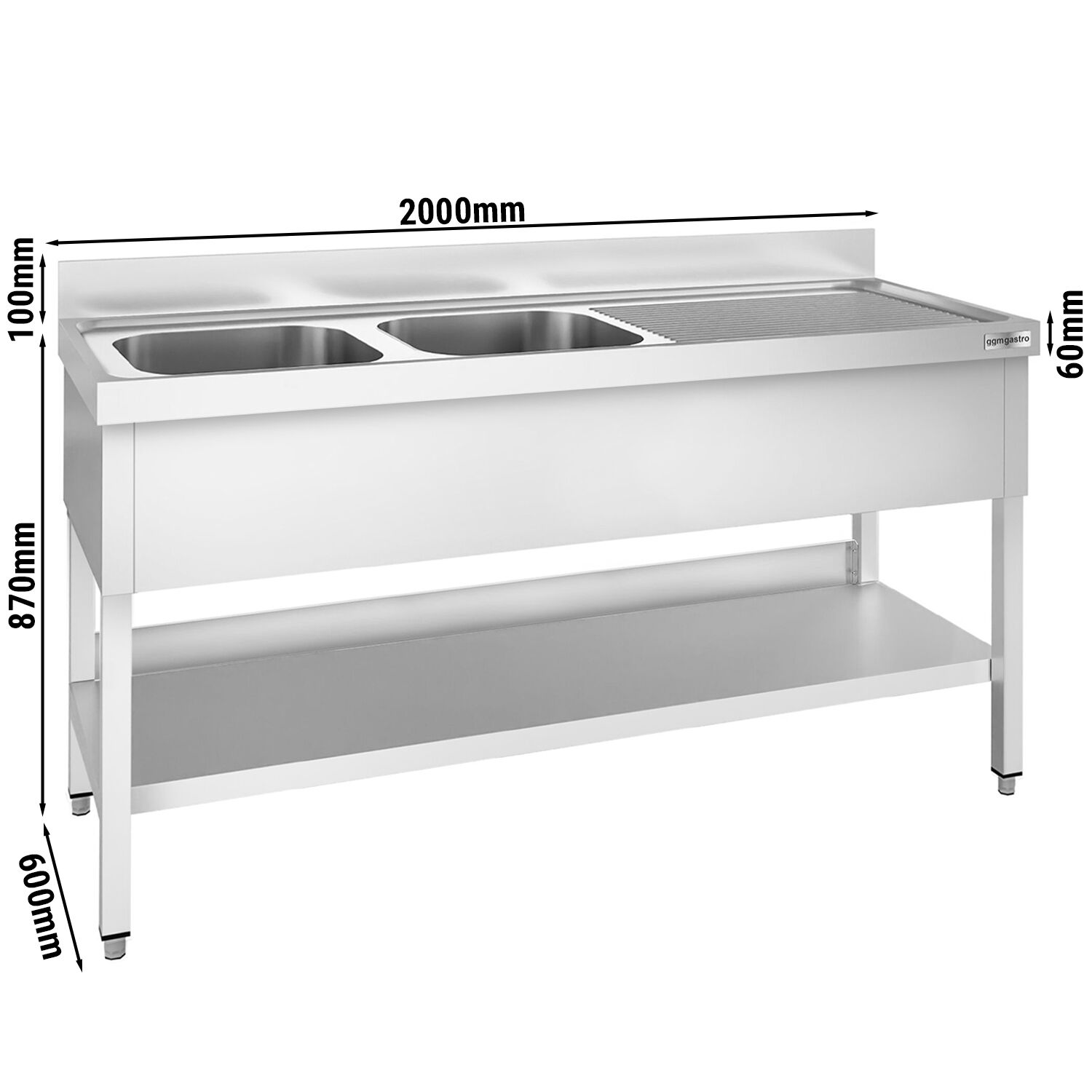 Valamulaud PREMIUM 2000x600 mm – riiuliga, 2 valamut vasakul, tagaservaga