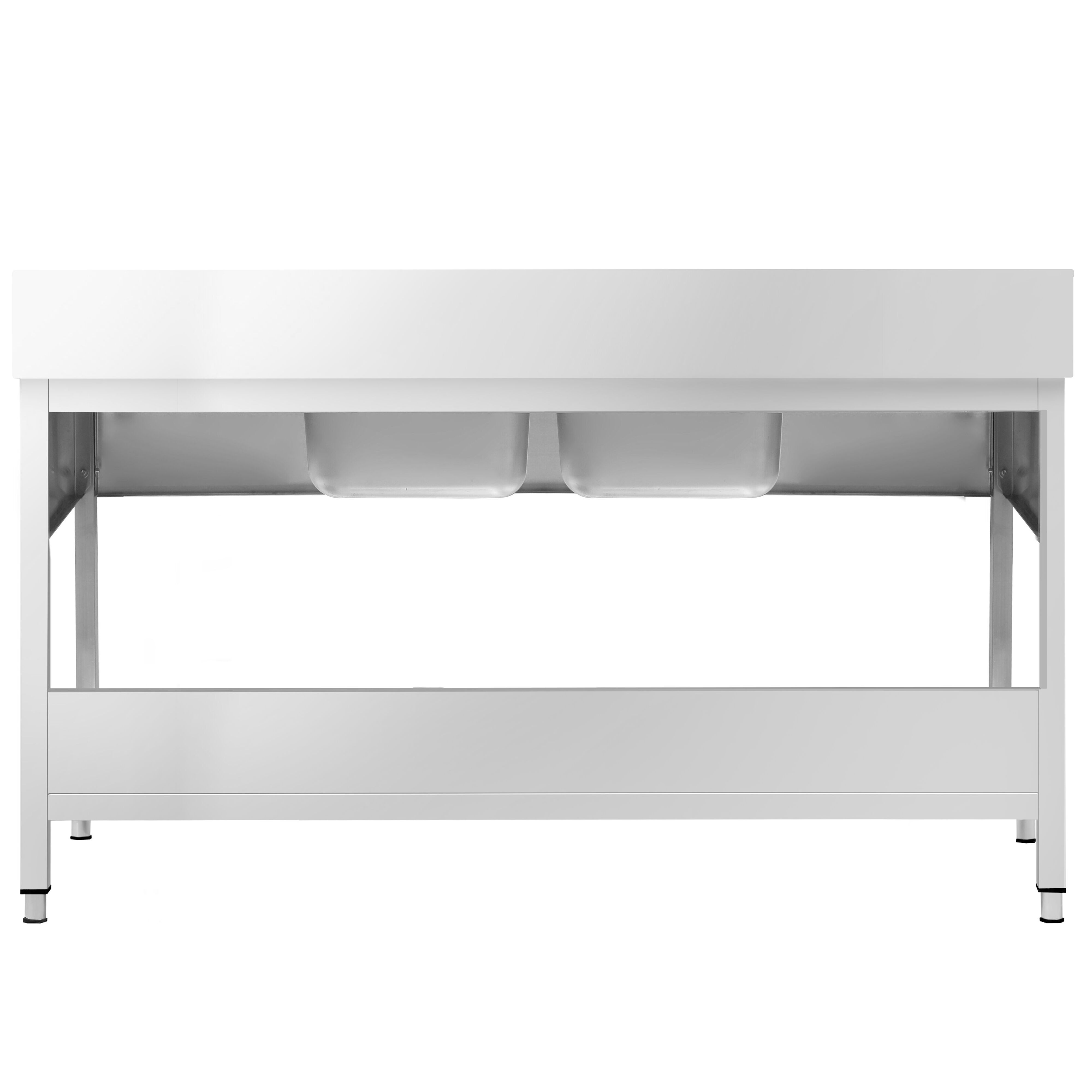 Valamulaud PREMIUM 2000x600 mm – riiuliga, 2 valamut keskel, tagaservaga