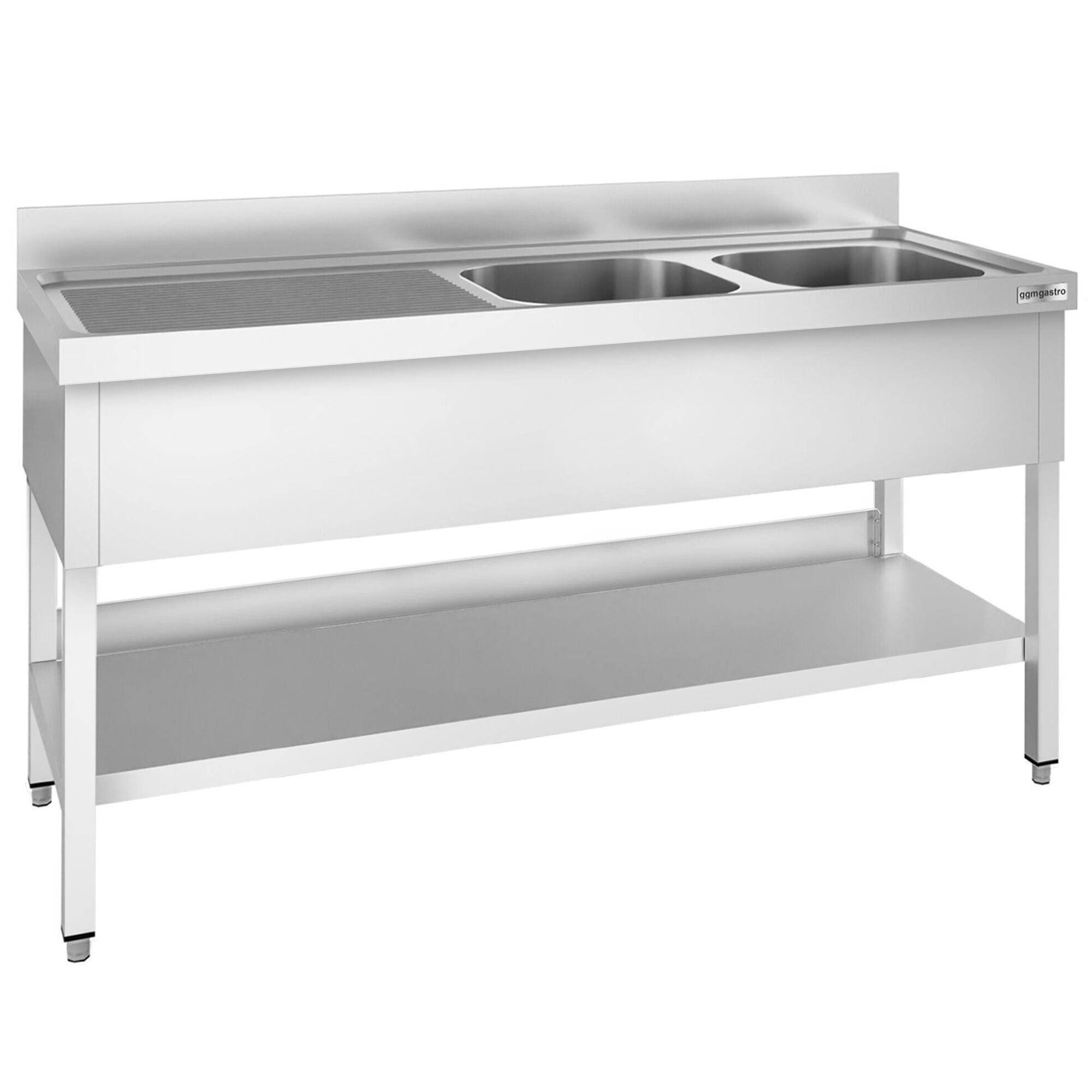 Valamulaud PREMIUM 2000x600 mm – riiuliga, 2 valamut paremal, tagaservaga