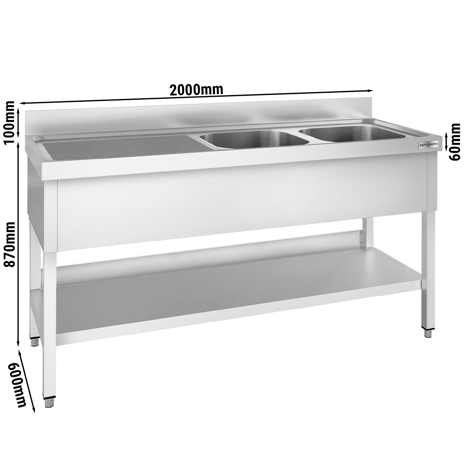 Valamulaud PREMIUM 2000x600 mm – riiuliga, 2 valamut paremal, tagaservaga