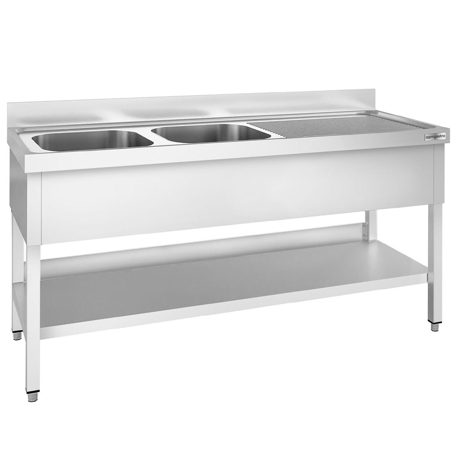 Valamulaud PREMIUM 2000x700 mm – riiuliga, 2 valamut vasakul, tagaservaga