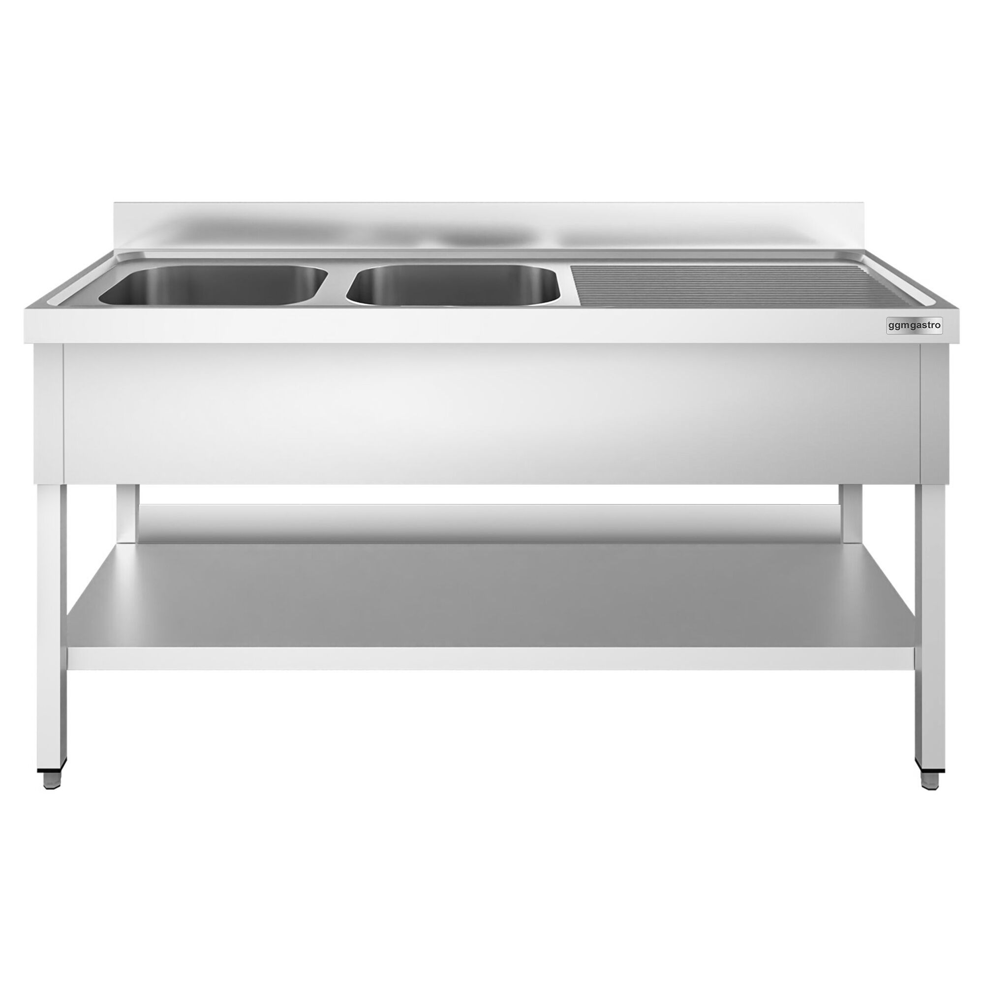 Valamulaud PREMIUM 2000x700 mm – riiuliga, 2 valamut vasakul, tagaservaga