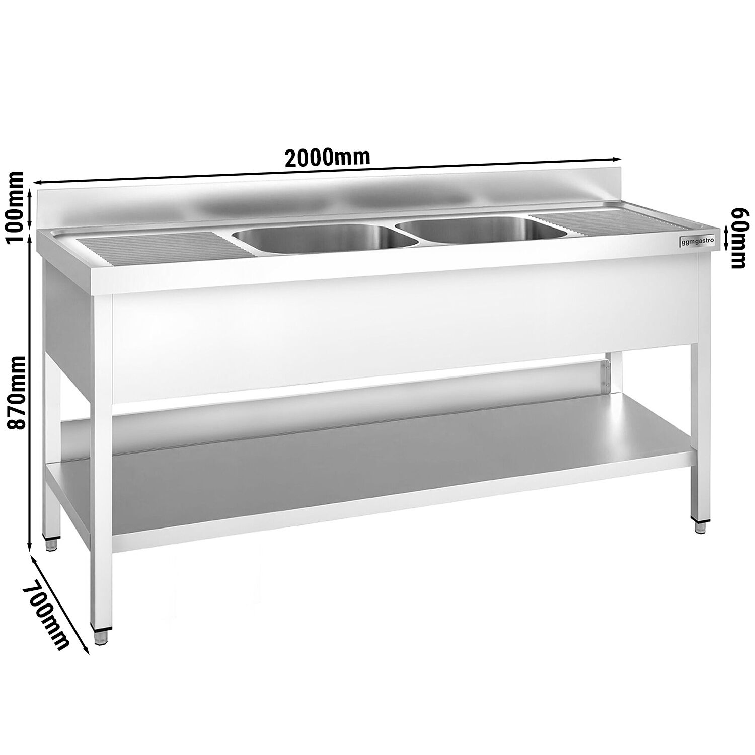 Valamulaud PREMIUM 2000x700 mm – riiuliga, 2 valamut keskel, tagaservaga