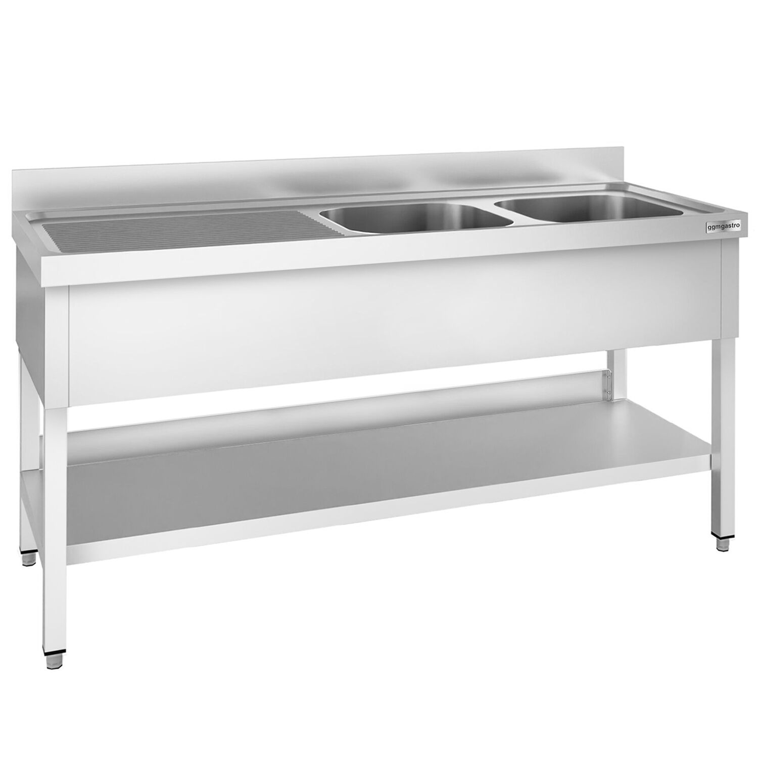 Valamulaud PREMIUM 2000x700 mm – riiuliga, 2 valamut paremal, tagaservaga