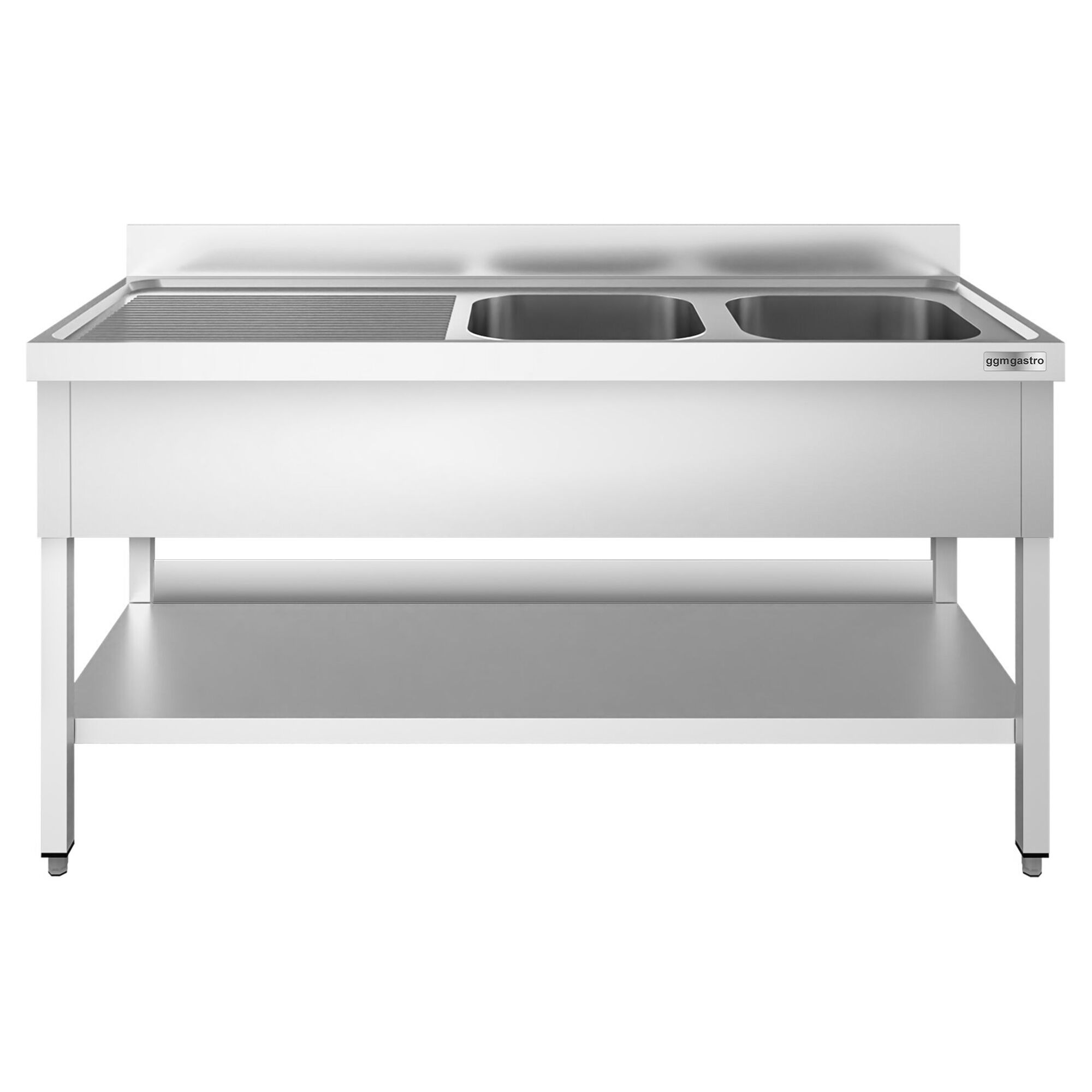 Valamulaud PREMIUM 2000x700 mm – riiuliga, 2 valamut paremal, tagaservaga
